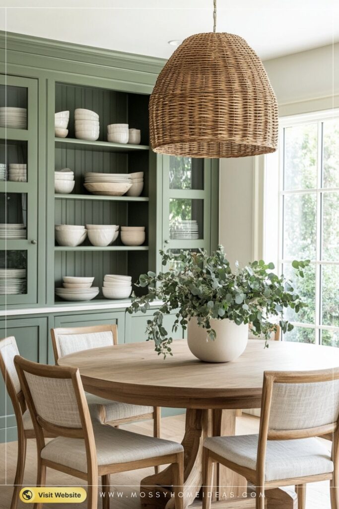 Sage Green Built-In Dining Cabinetry for Fresh Country Charm