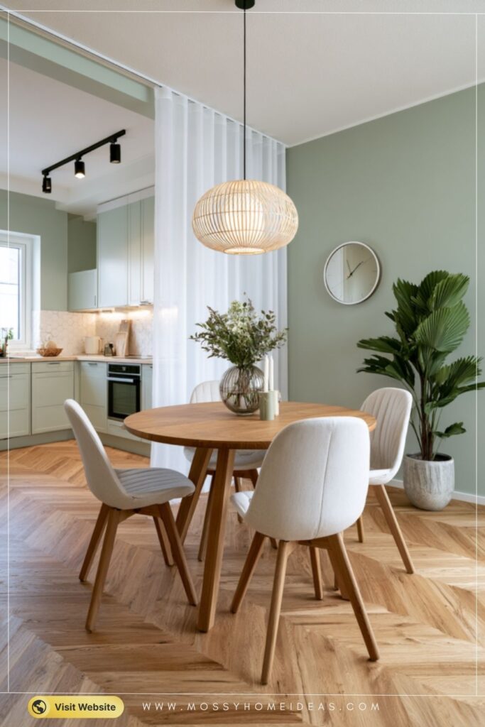 Sage Green Dining Room Divider Ideas Using Sheer White Curtains
