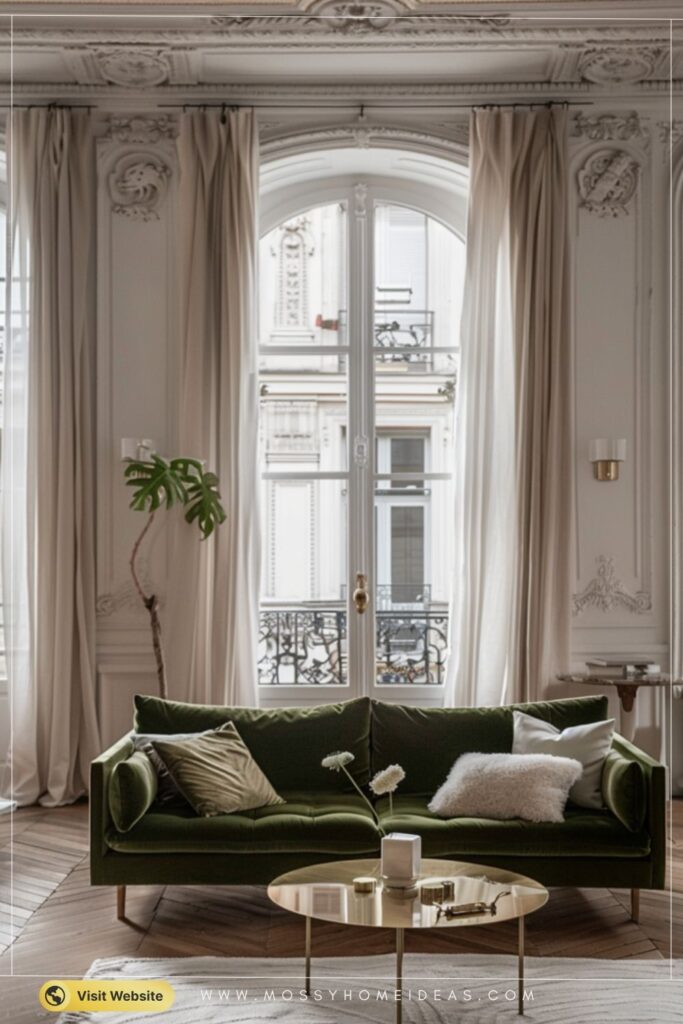 Sage Green Velvet Sofa Living Room Parisian Apartment Style