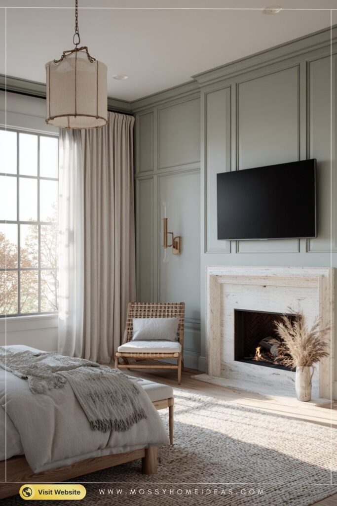 Serene Sage Green & Linen Classic Fireplace Bedroom