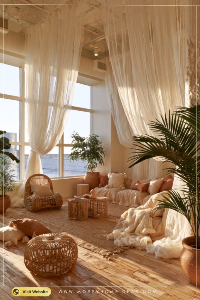 Sheer Curtain Room Dividers for a Warm Terracotta Living Room