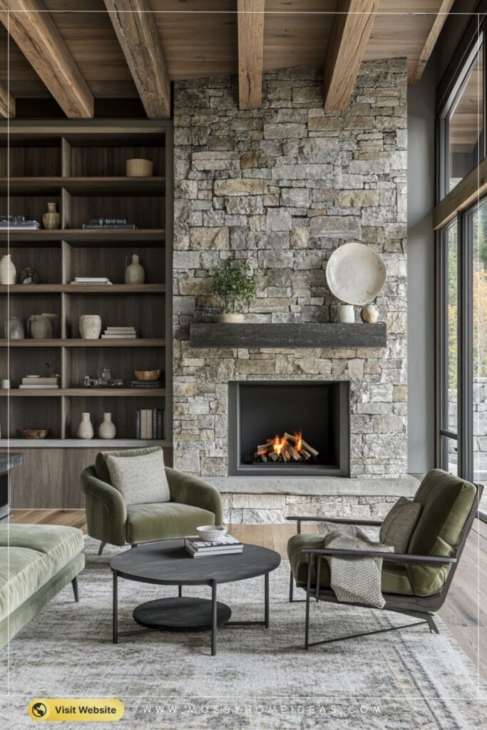 Slate & Olive Modern Rustic Stone Fireplace Cabin