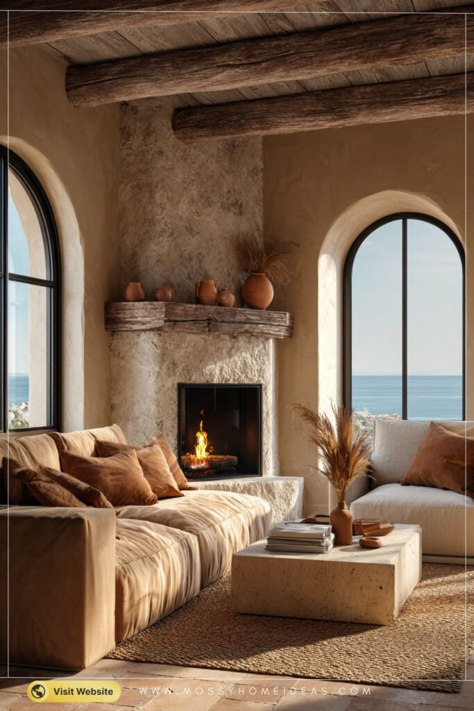 Smooth Tan Stone Corner Fireplace with Mediterranean Warmth