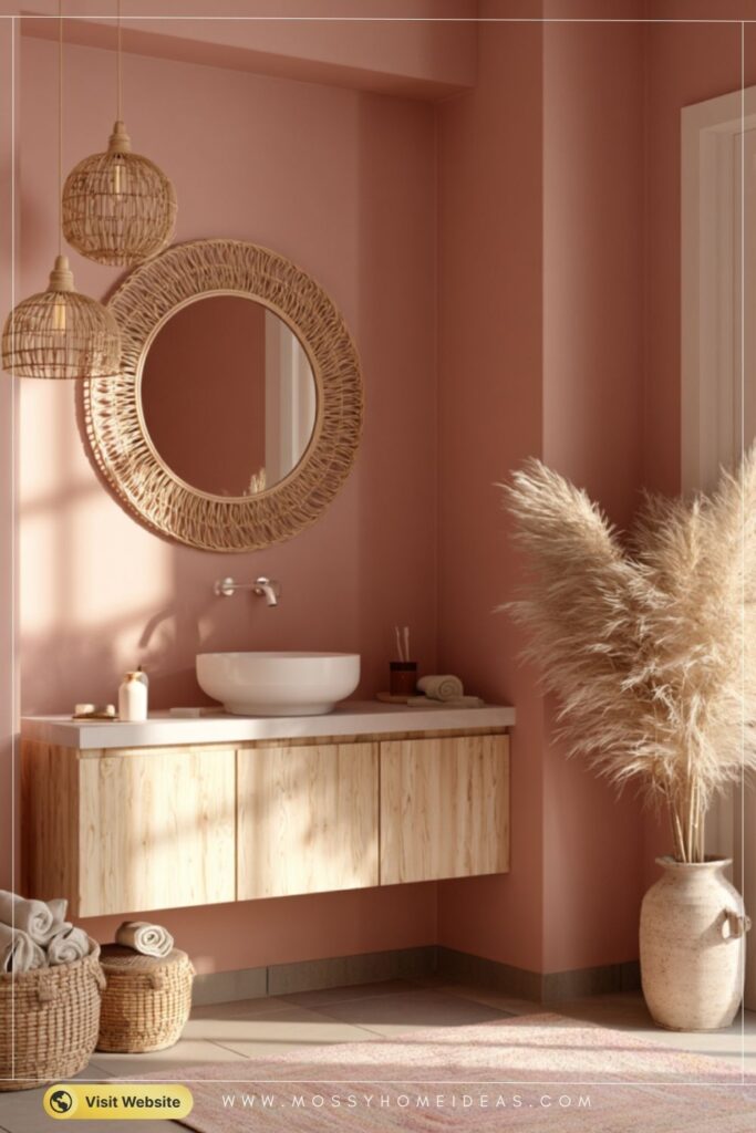 Soft Blush Bathroom with Boho Rattan & Pampas Charm