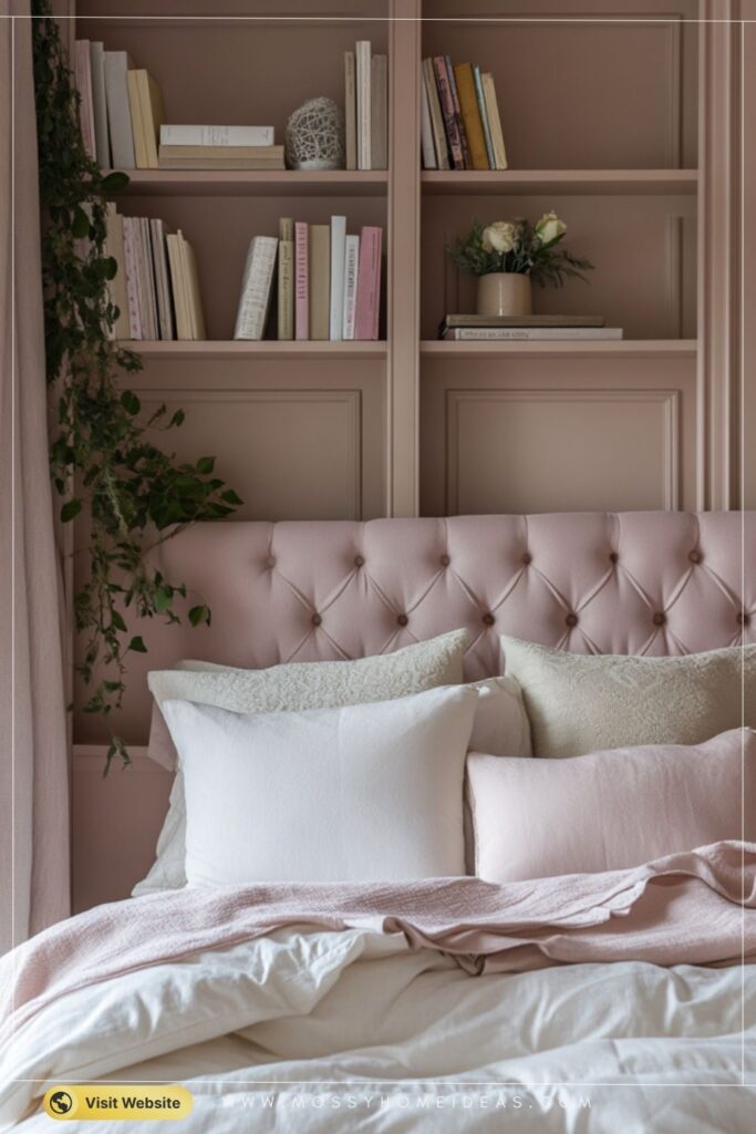 Soft Blush Bedroom with Warm Wood Built-In Book Wall