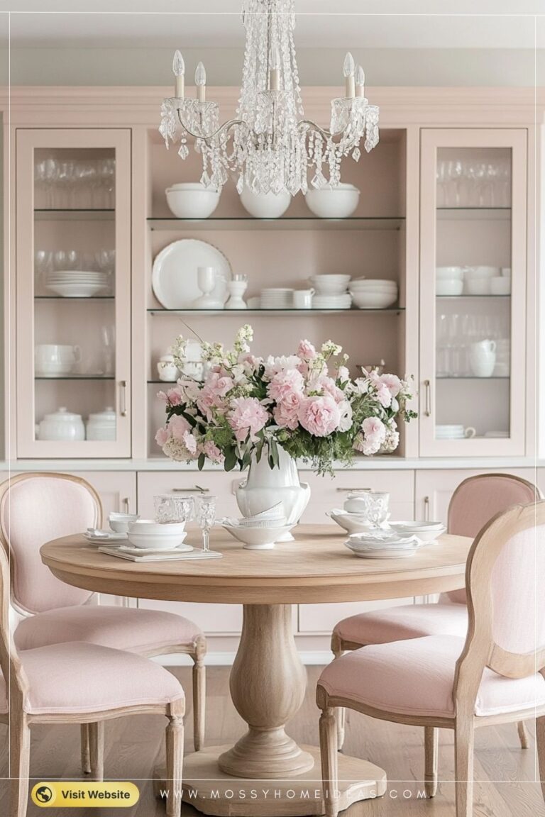 Soft Blush Built-In Dining Cabinetry for Romantic Elegance