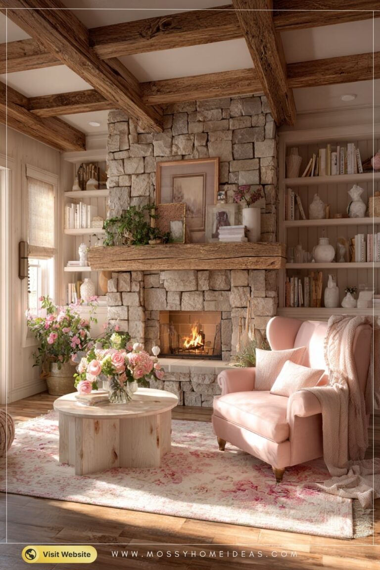 Soft Blush Charm Stone Fireplace Cottage Cabin Living Room