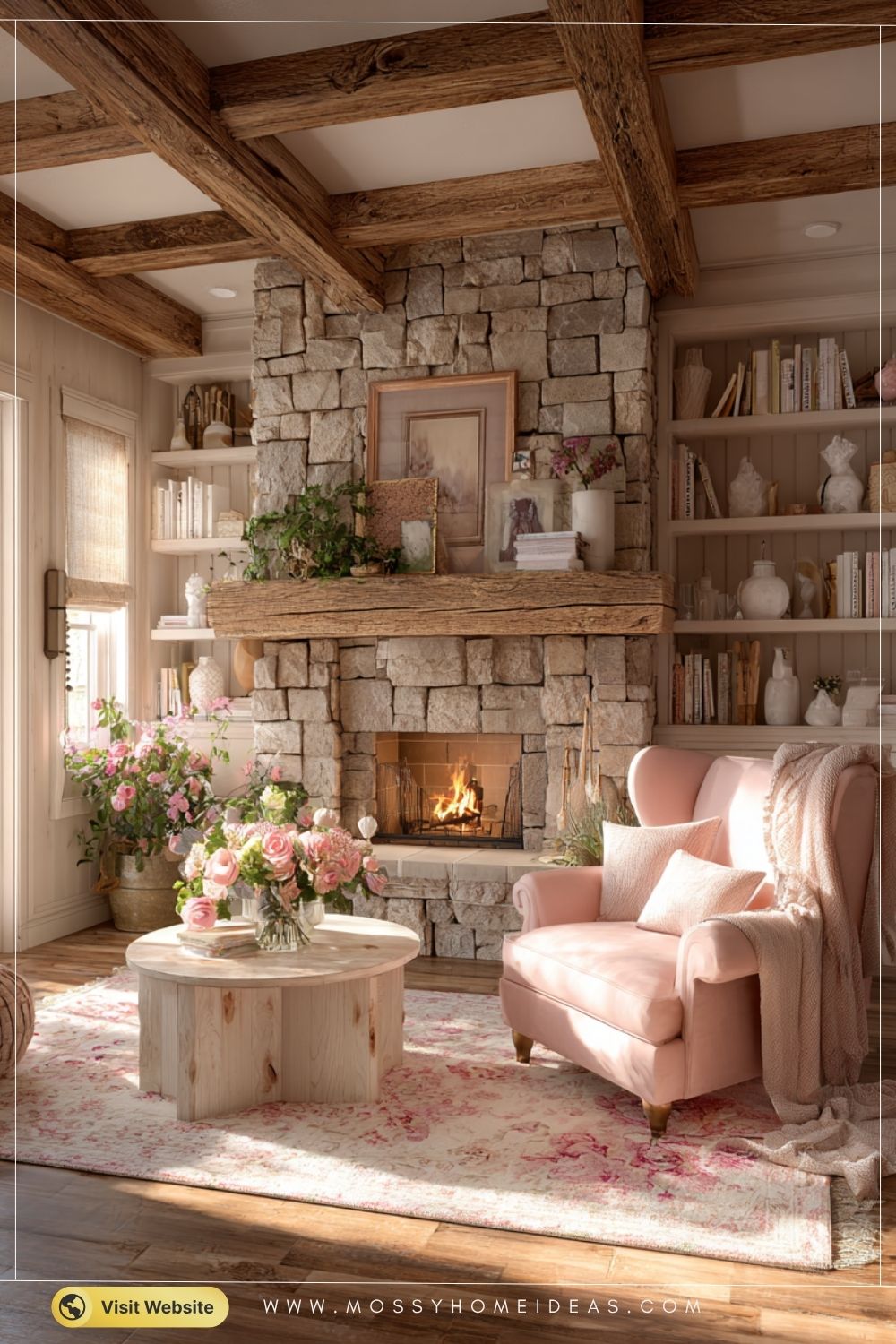 Soft Blush Charm Stone Fireplace Cottage Cabin Living Room