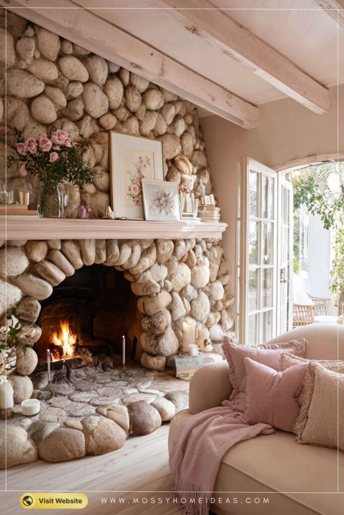 Soft Blush Stone Corner Fireplace with Vintage Cottage Charm'