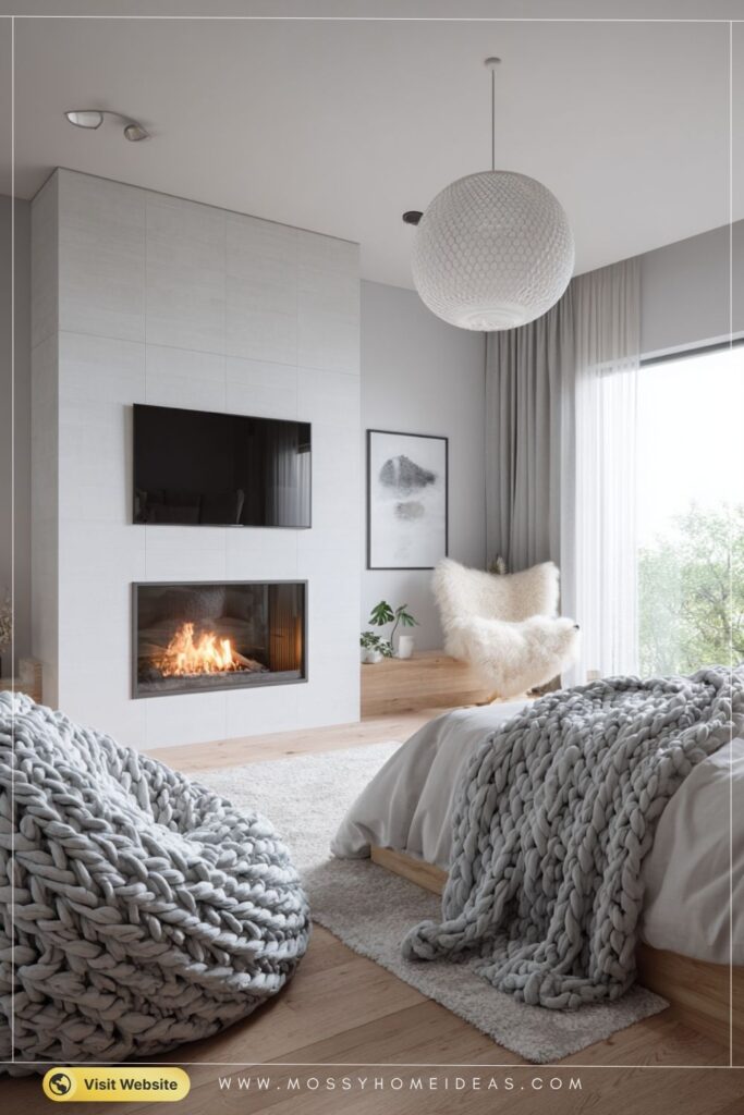 Soft Dove Grey Scandinavian Fireplace Bedroom Comfort