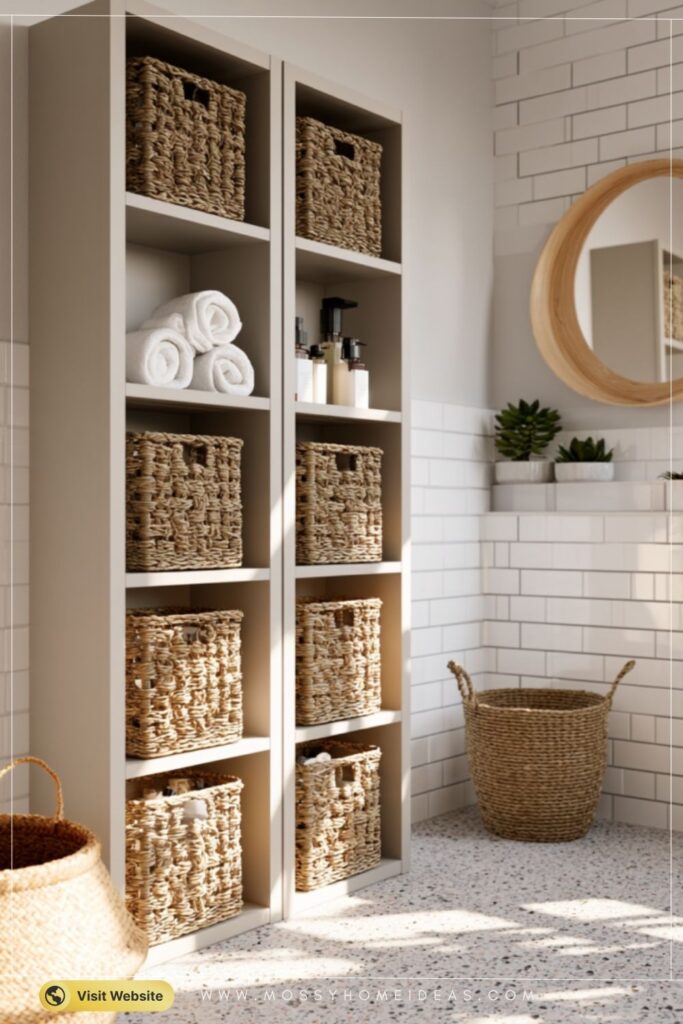 Soft Greige Open Shelving with Woven Baskets for Tidy Bathrooms