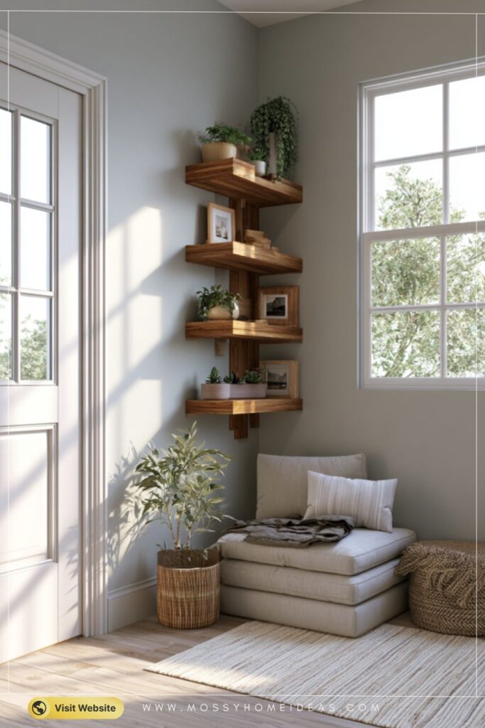 Soft Grey Entryway Corner with Zigzag Wood Shelving