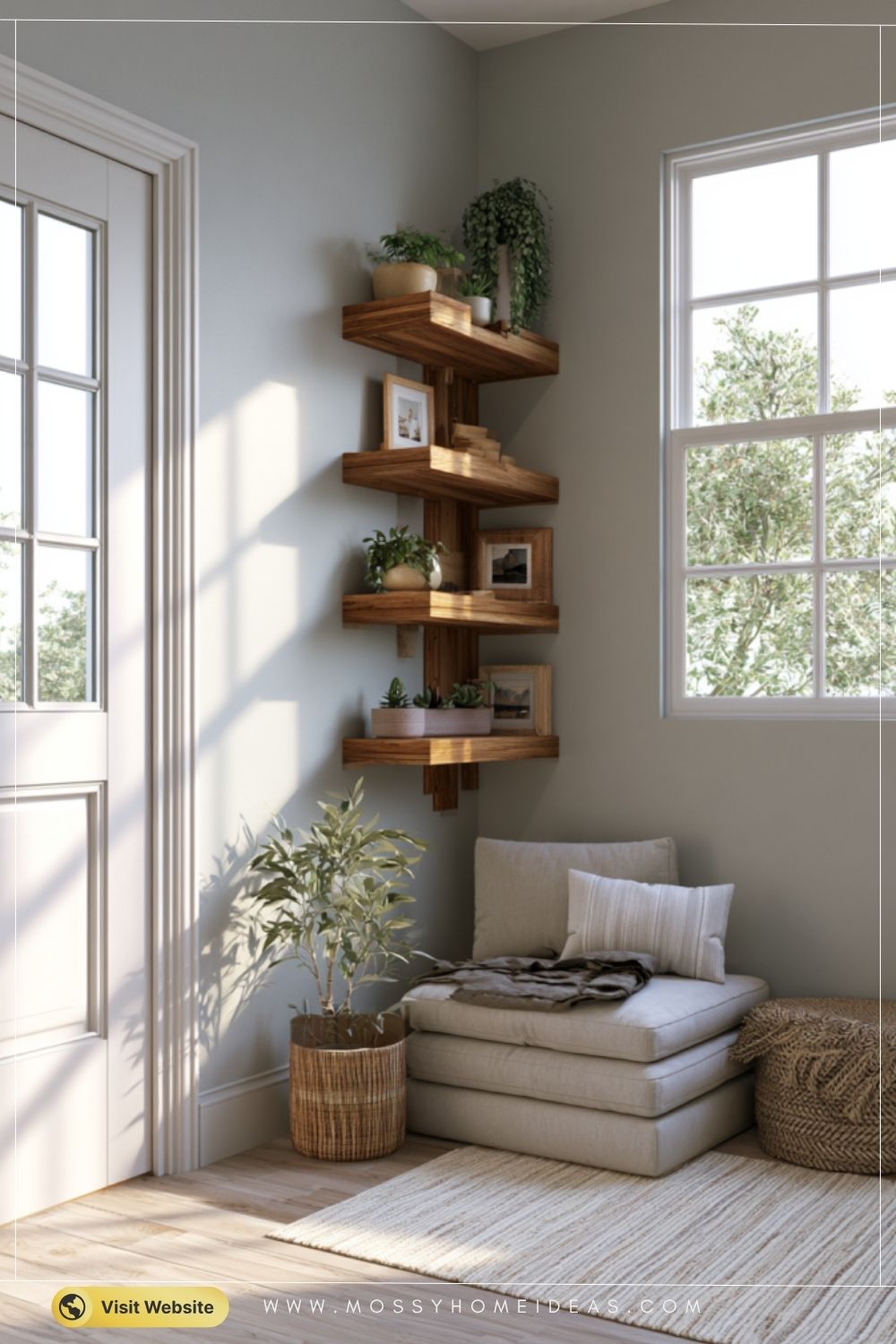 Soft Grey Entryway Corner with Zigzag Wood Shelving