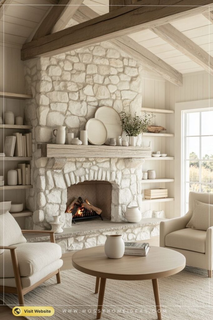 Soft Ivory Dream Bright Airy Stone Fireplace Cabin