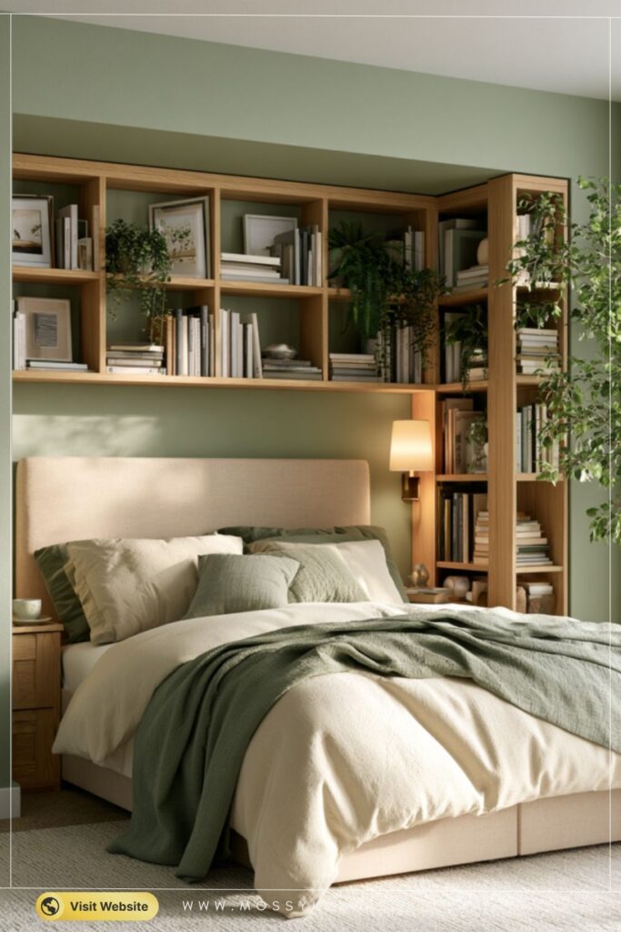 Soft Sage Built-In Shelving Bedroom with Light Oak Warmth