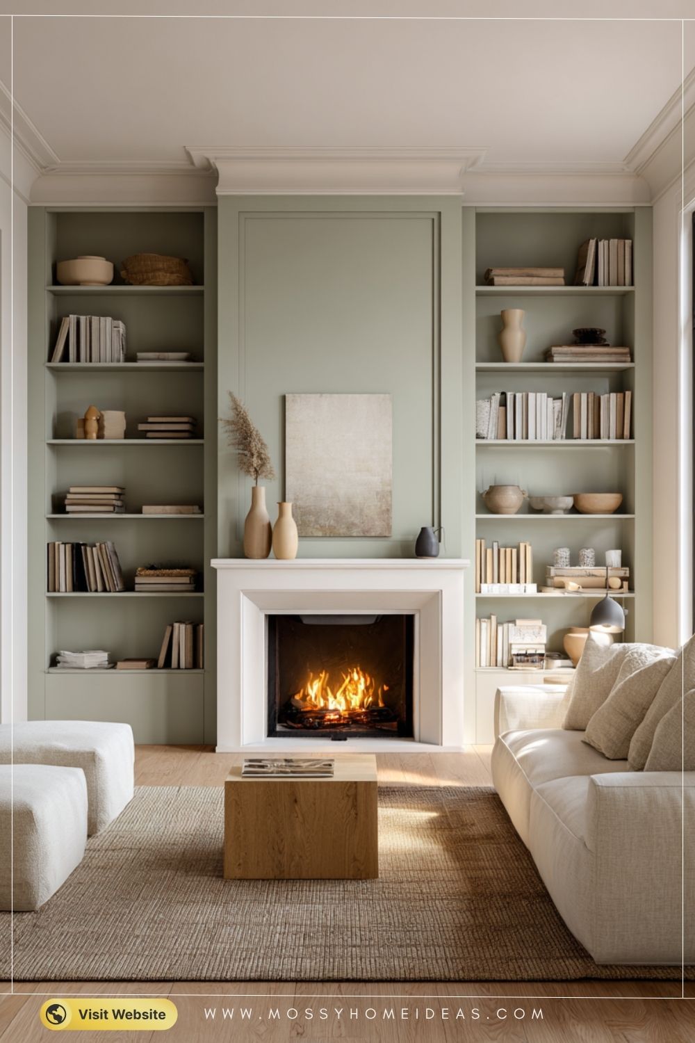 Soft Sage Green Modern Classic Fireplace Library