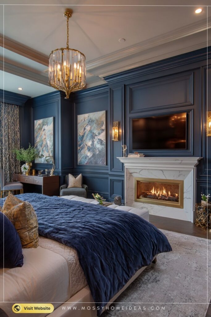 Sophisticated Navy Blue Paneled Bedroom with Fireplace