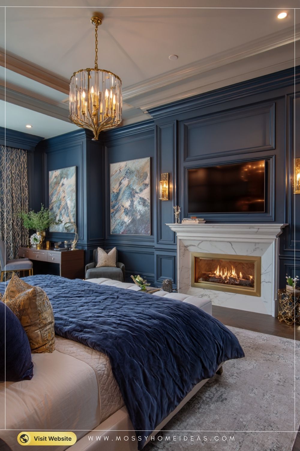 Sophisticated Navy Blue Paneled Bedroom with Fireplace