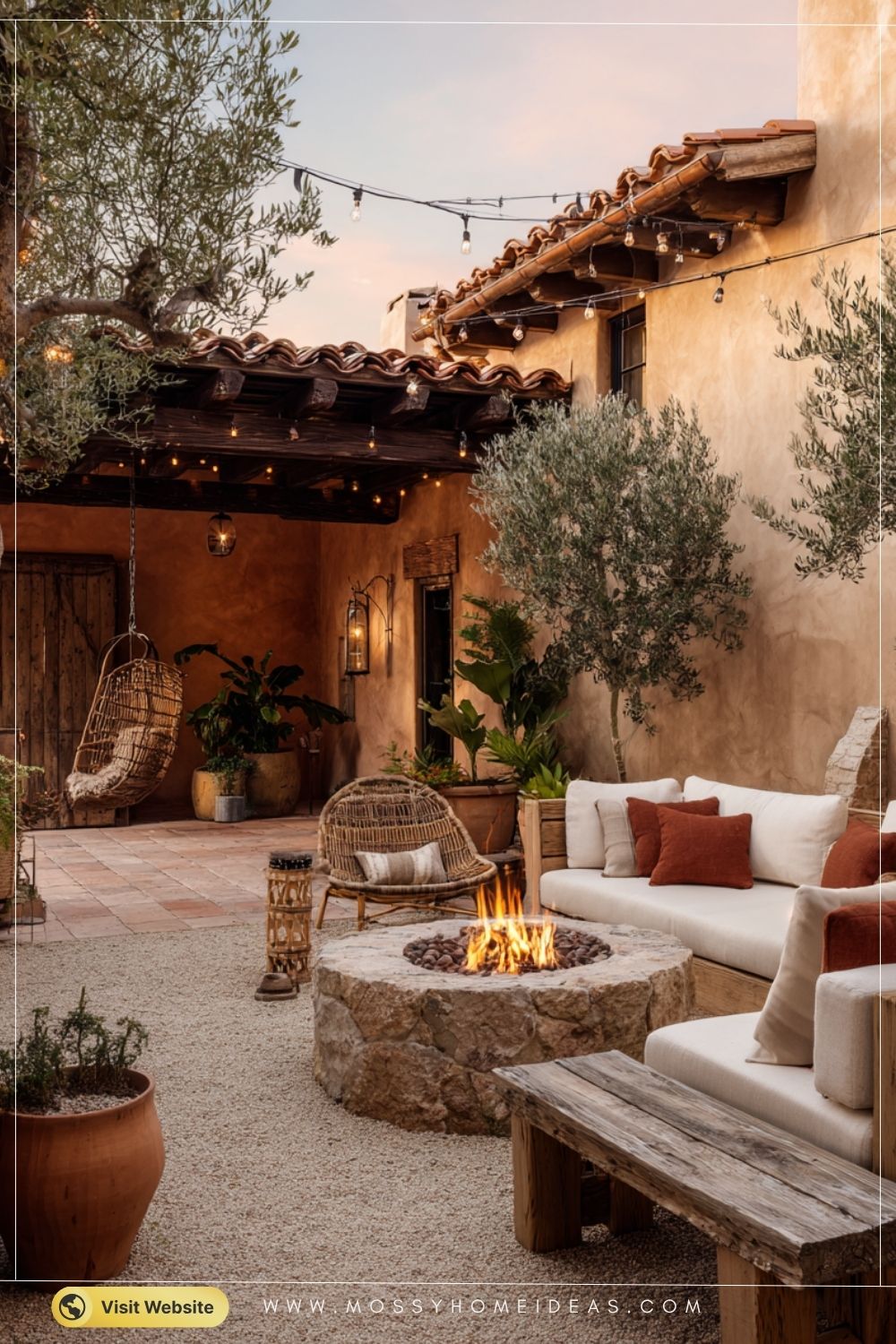 Terracotta Fire Pit Patio in Warm Mediterranean Courtyard