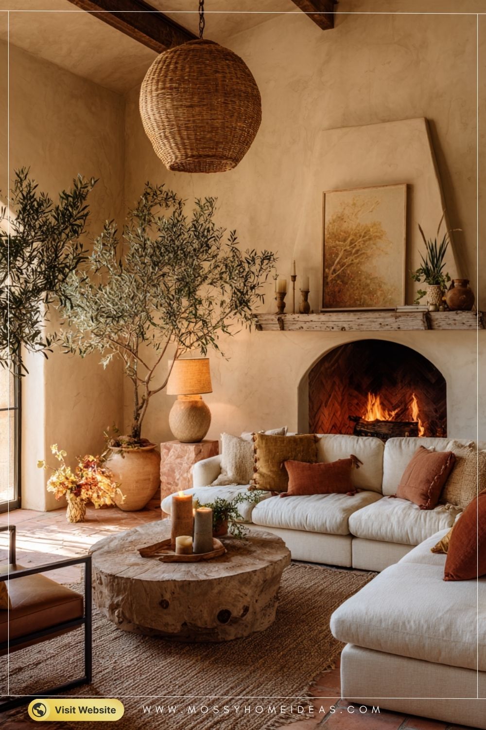 Terracotta Living Room with Warm Mediterranean Fireplace Mantel