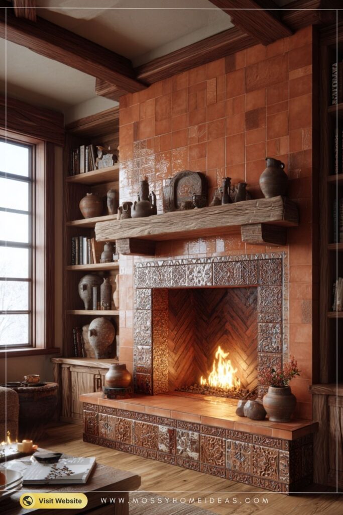 Terracotta Warmth Earthy Tile Fireplace with Built-ins