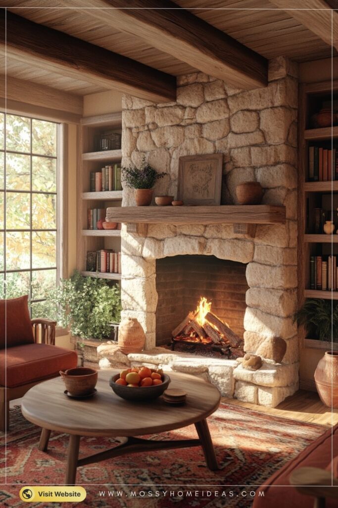 Terracotta Warmth Rustic Stone Fireplace Cabin Lounge
