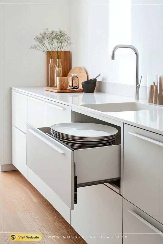 Toe Kick Drawer in Crisp White for a Clever Minimalist Kitchen