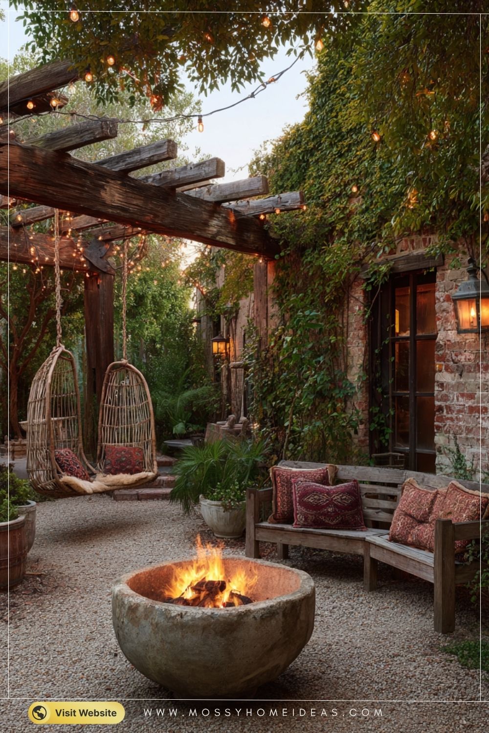 Verdigris Green Fire Pit Patio in Vintage Eclectic Backyard