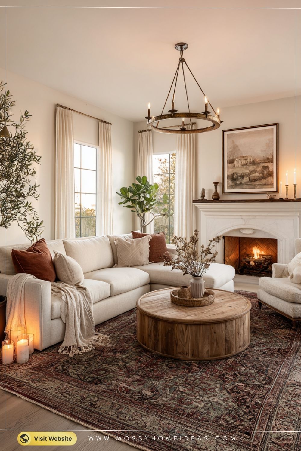 Warm Beige Cozy Living Room with Fireplace Mantel & Brass Chandelier