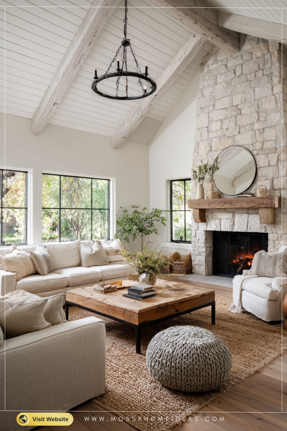 Warm Greige Stone Fireplace in Cozy Vaulted Farmhouse Living Room