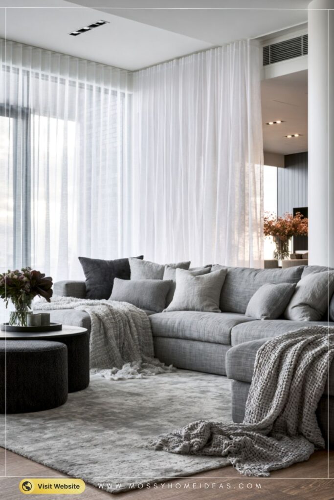 Warm Grey Living Room Curtain Dividers with Cozy Textures