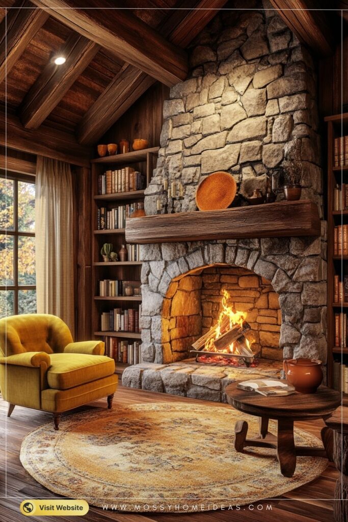 Warm Mustard Glow Golden-Toned Cabin Stone Fireplace