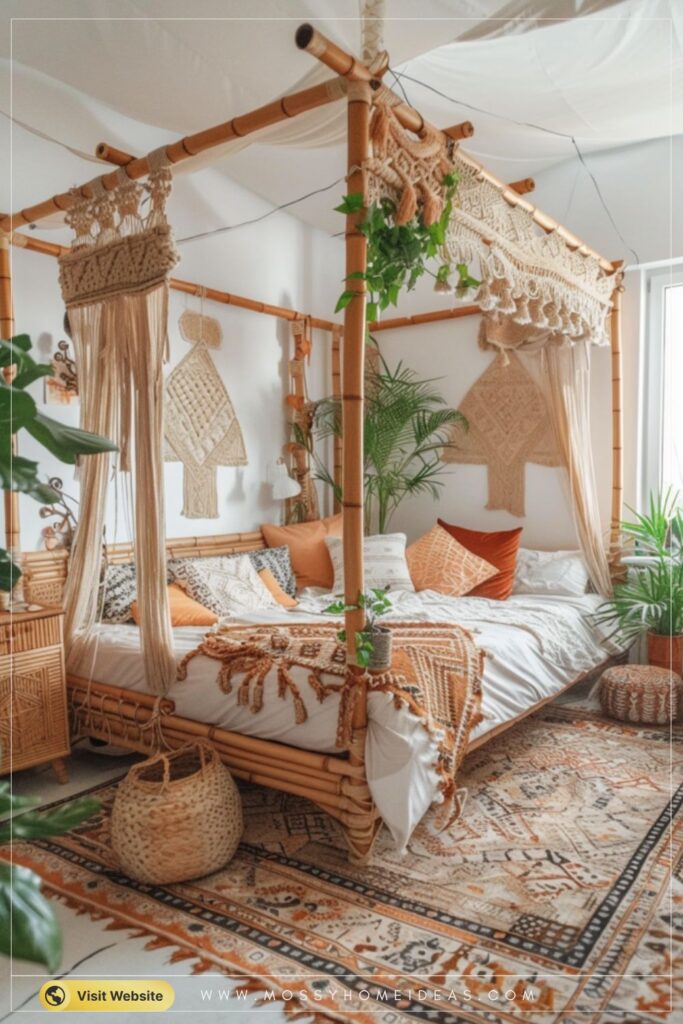 Warm Rattan Terracotta Bohemian Canopy Bed Decor Ideas