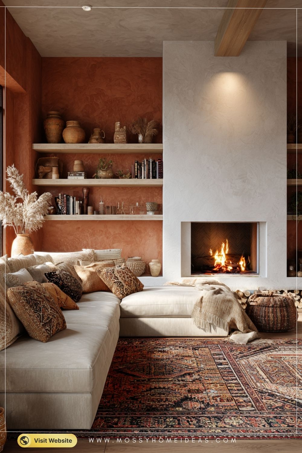 Warm Terracotta Earth Tone Fireplace Living Room