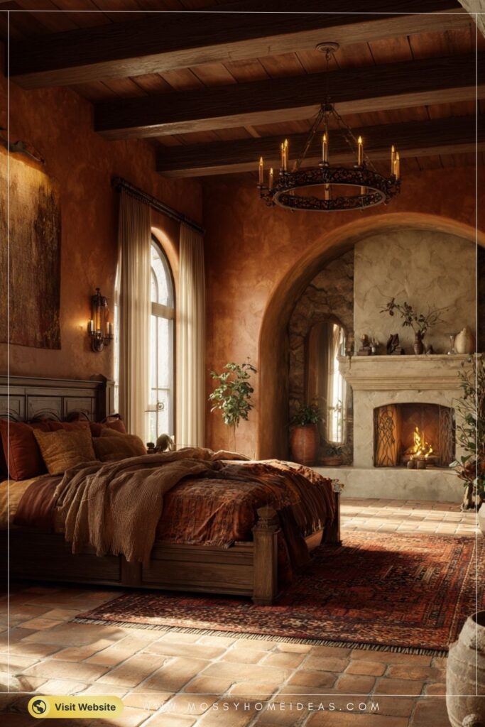 Warm Terracotta Mediterranean Bedroom with Fireplace Mantel