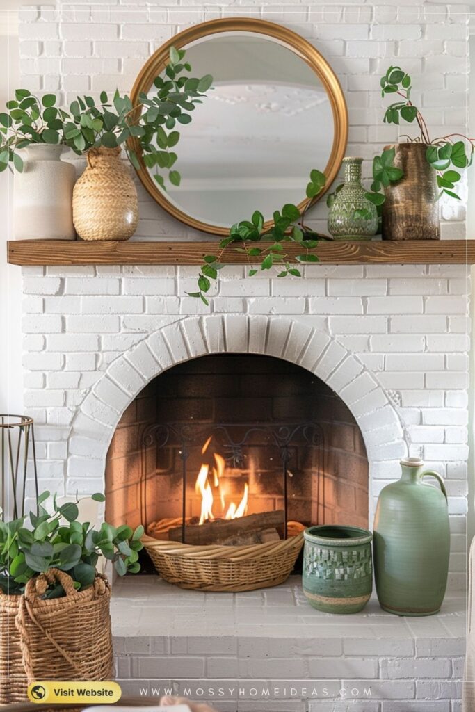 White Brick Fireplace with Round Mirror & Sage Cottage Charm