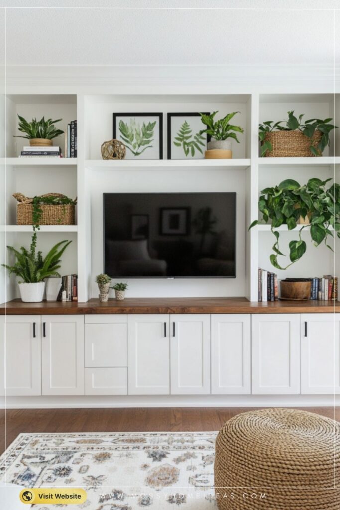 White & Walnut Built-In Media Wall with Cozy Boho Styling