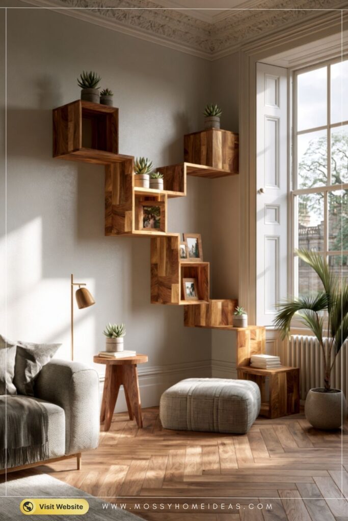 Zigzag Wood Corner Shelves for a Warm Neutral Living Room