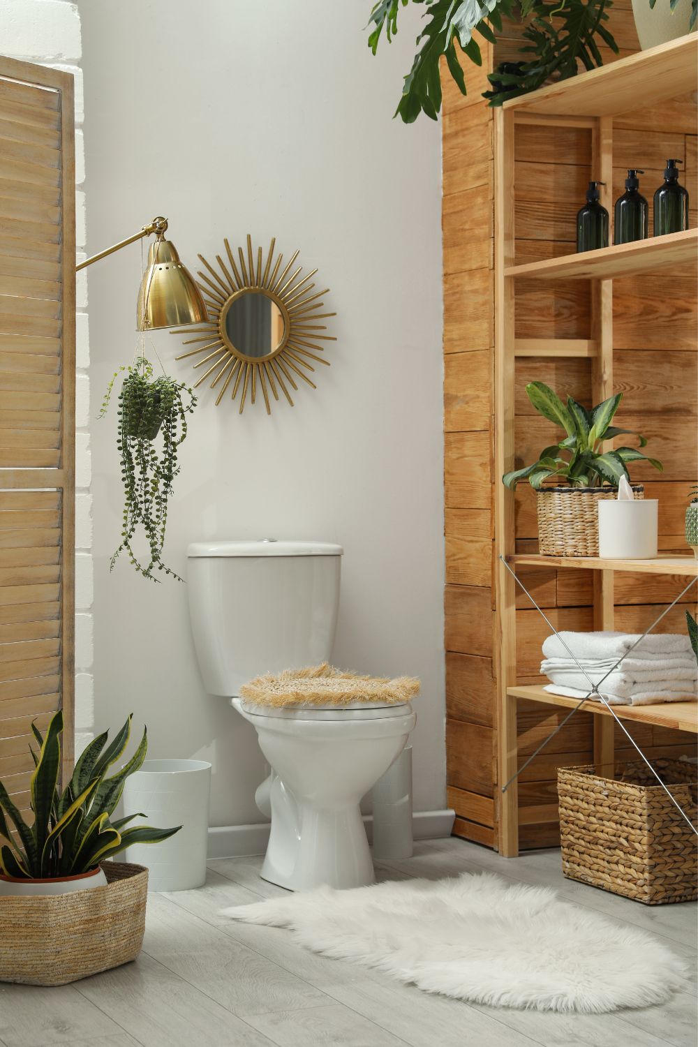 Boho Bathroom Decor with Plants and Wood Accents