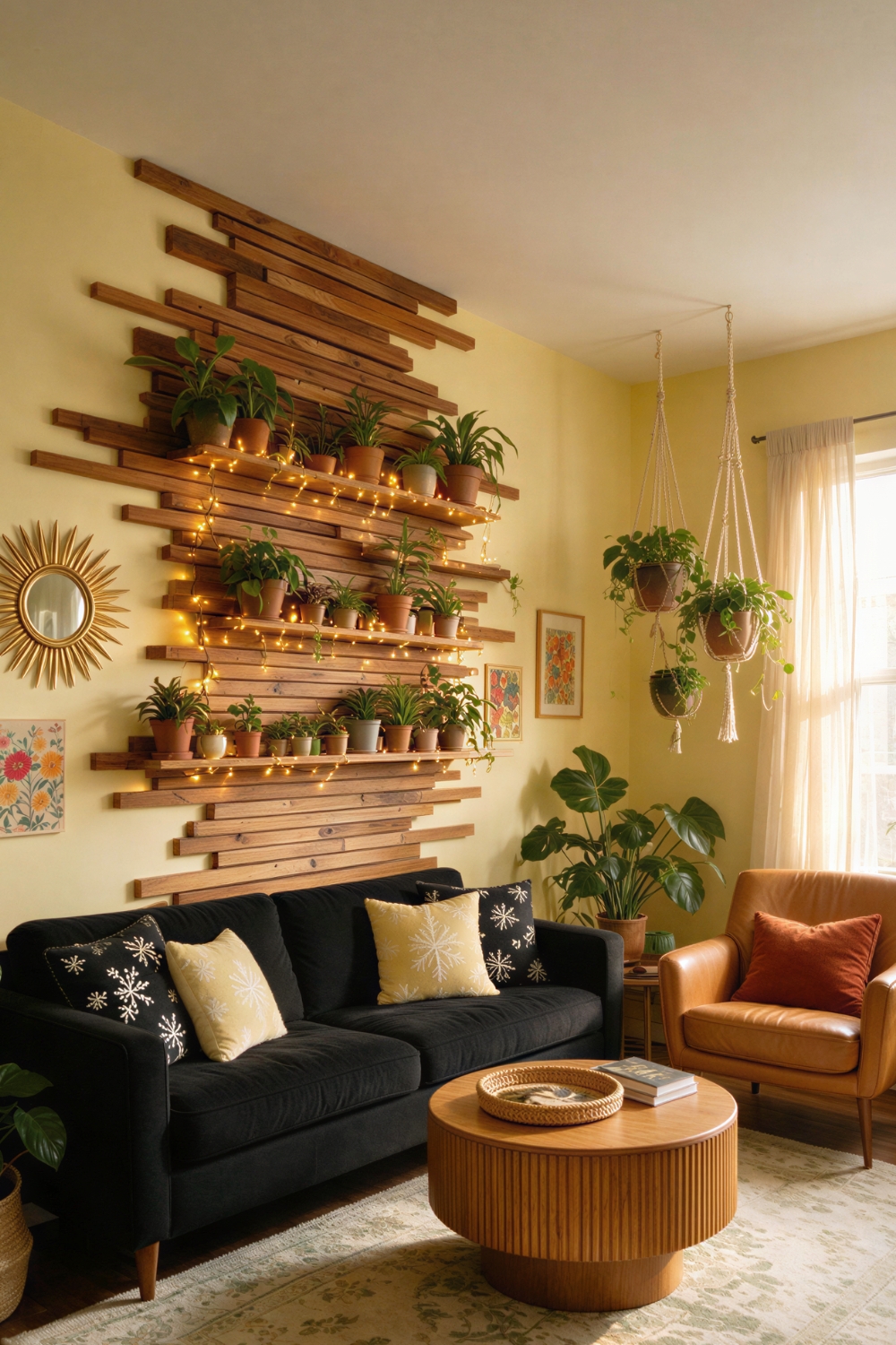 Light Yellow Living Room with Black Sofa and Warm Lit Plant Wall