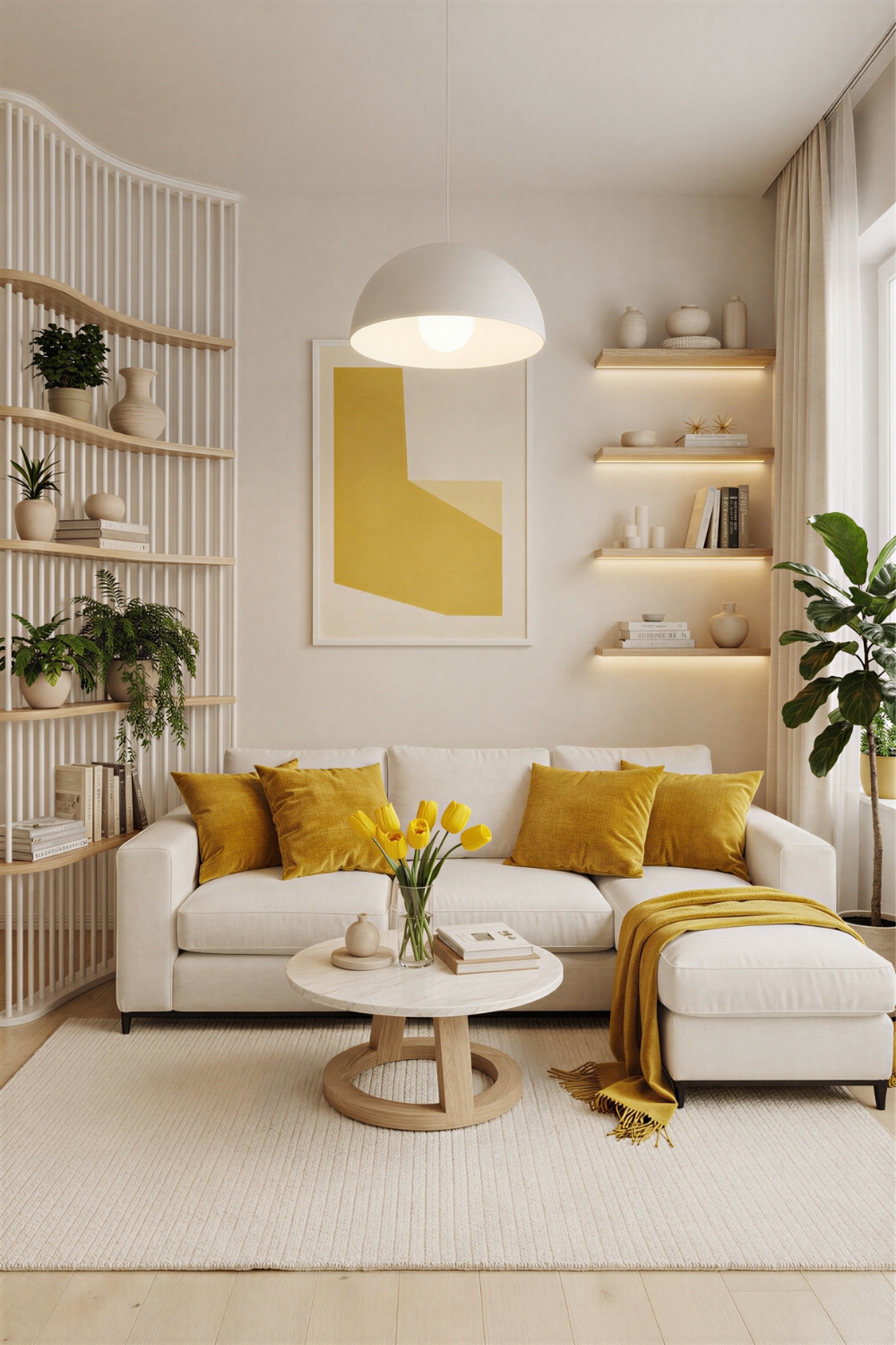Mustard Yellow Living Room with Backlit Curved Shelving