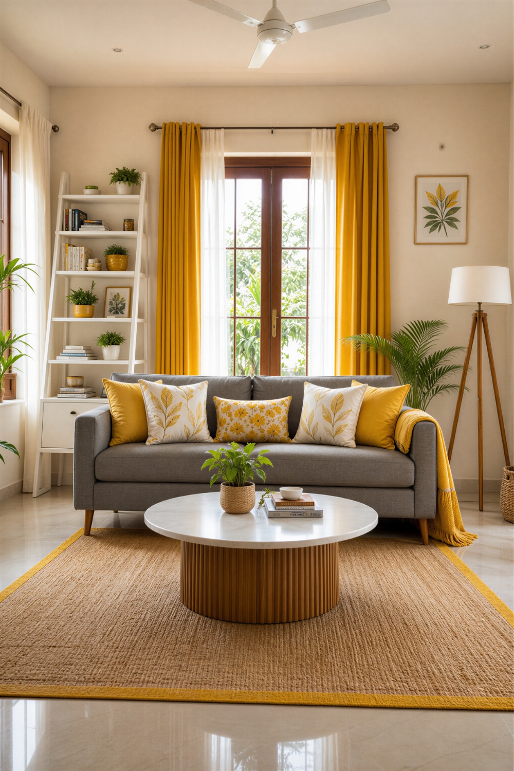 Yellow Boho Living Room Corner Angle with Botanical Art Wall